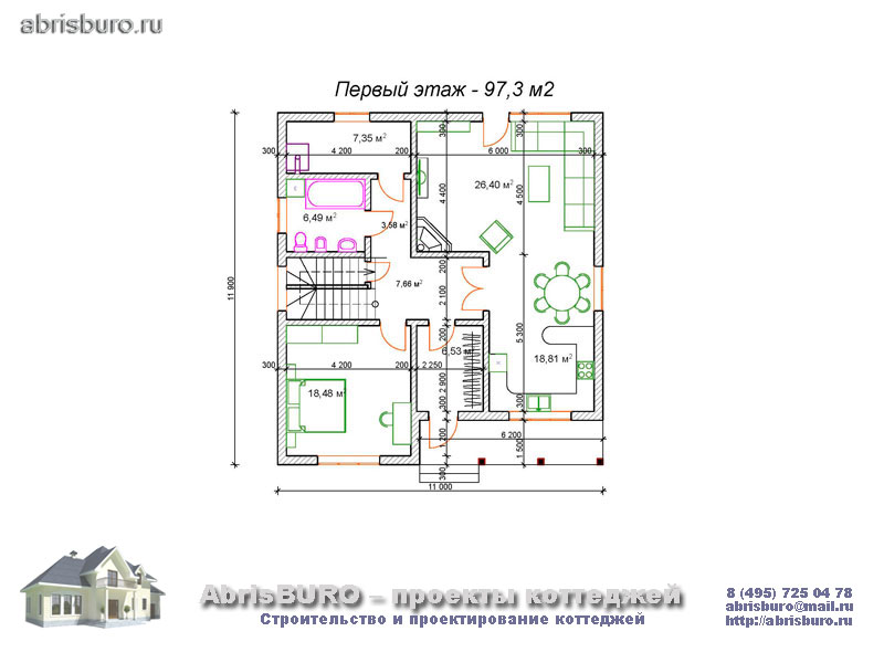 План первого этажа дома общей площадью 181 кв.м.